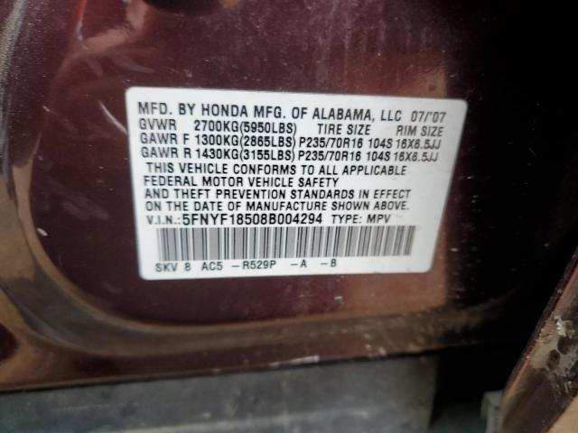 5FNYF18508B004294 - 2008 HONDA PILOT EXL BURGUNDY photo 12