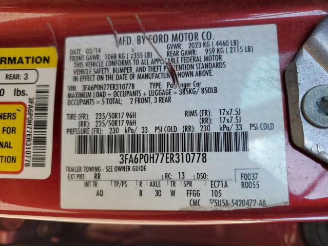 3FA6P0H77ER310778 - 2014 FORD FUSION SE RED photo 12