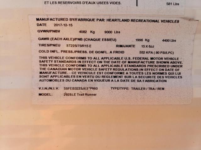 5SFEB3223JE378993 - 2018 HEART LAND TRAIL RUNN ორფეროვანი ფოტო 10