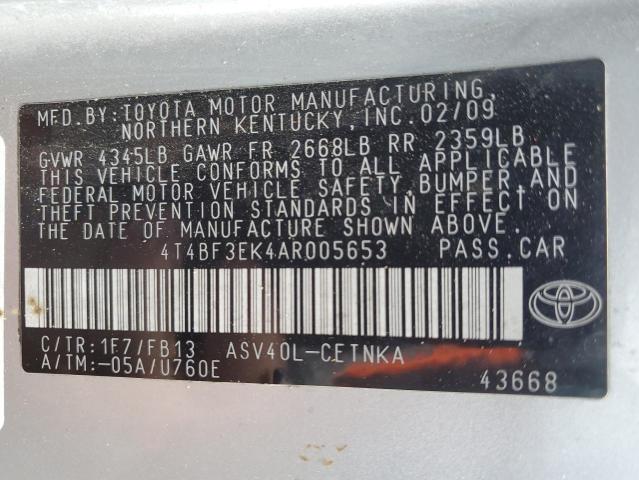 4T4BF3EK4AR005653 - 2010 TOYOTA CAMRY BASE SILVER photo 12