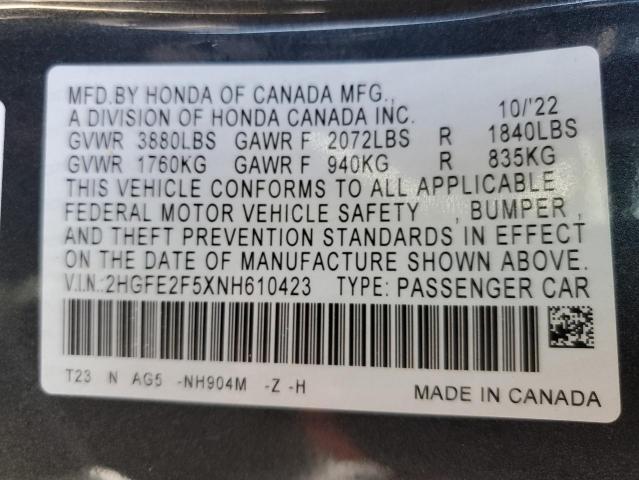 2HGFE2F5XNH610423 - 2022 HONDA CIVIC SPORT 石墨色 照片 12
