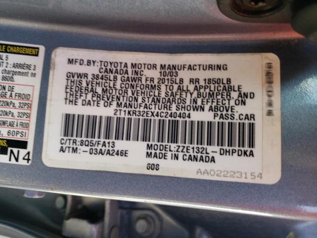 2T1KR32EX4C240404 - 2004 TOYOTA COROLLA MA XR BLUE photo 12