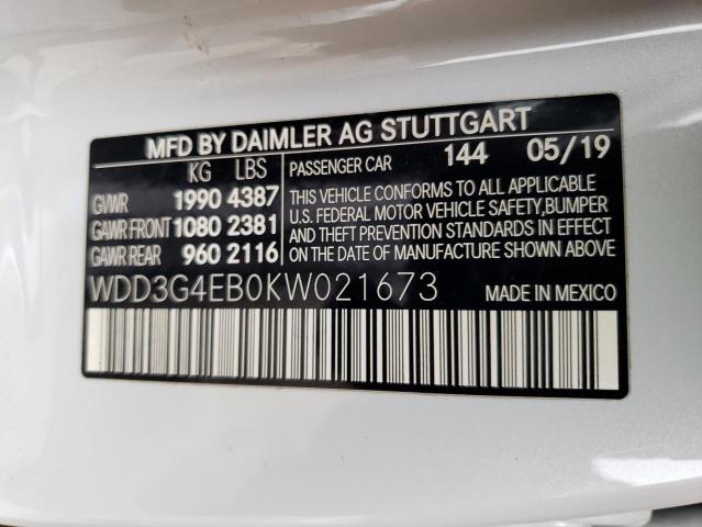 WDD3G4EB0KW021673 - 2019 MERCEDES-BENZ A 220 WHITE photo 13