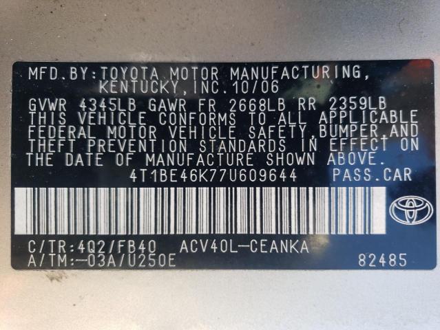 4T1BE46K77U609644 - 2007 TOYOTA CAMRY CE GOLD photo 12