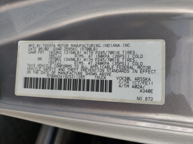 5TBRN34192S311285 - 2002 TOYOTA TUNDRA ACCESS CAB SR5 GRAY photo 10