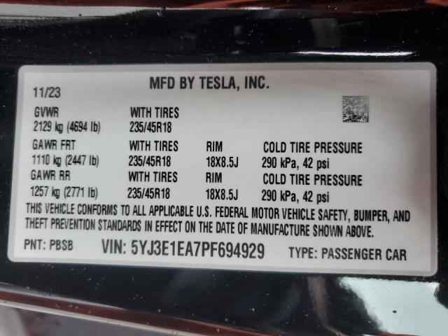 5YJ3E1EA7PF694929 - 2023 TESLA MODEL 3 BLACK photo 13