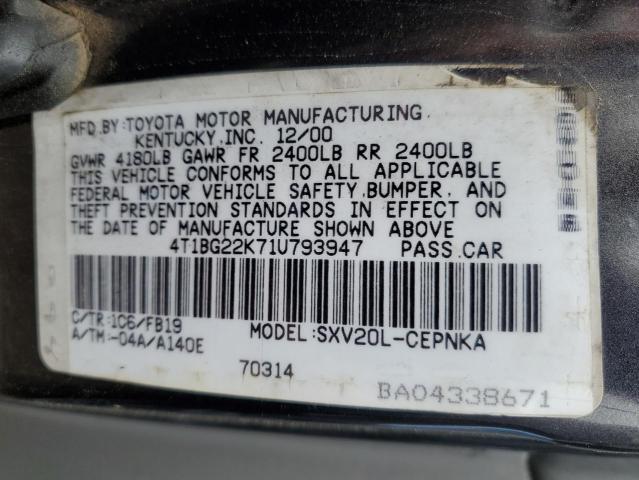 4T1BG22K71U793947 - 2001 TOYOTA CAMRY CE CHARCOAL photo 12