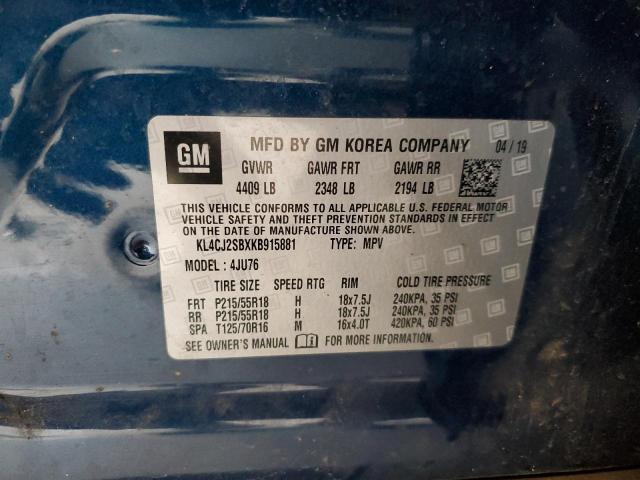 KL4CJ2SBXKB915881 - 2019 BUICK ENCORE SPORT TOURING BLUE photo 12