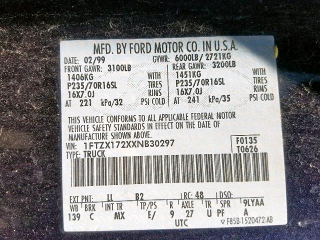 1FTZX172XXNB30297 - 1999 FORD F150  photo 10