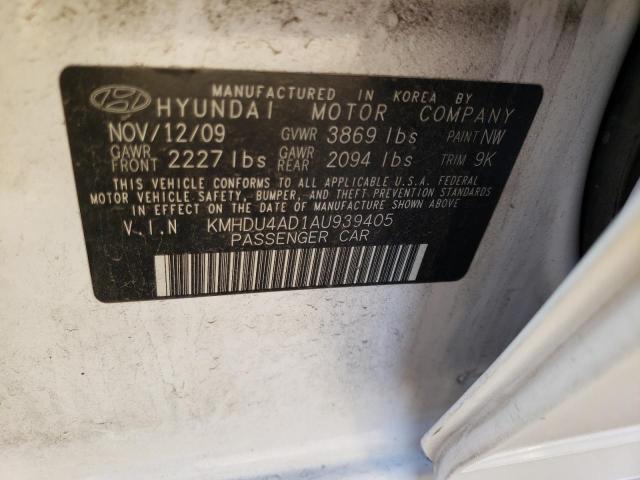 KMHDU4AD1AU939405 - 2010 HYUNDAI ELANTRA BLUE WHITE photo 12