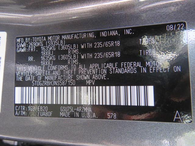 5TDGZRBH3NS587150 - 2022 TOYOTA HIGHLANDER XLE 灰色 照片 10