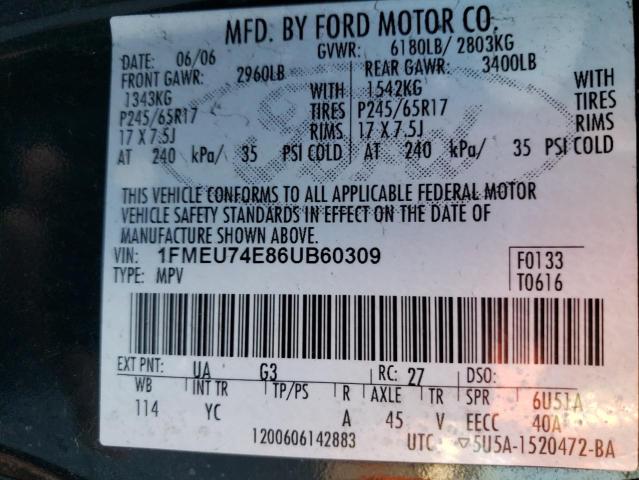 1FMEU74E86UB60309 - 2006 FORD EXPLORER EDDIE BAUER BLACK photo 12