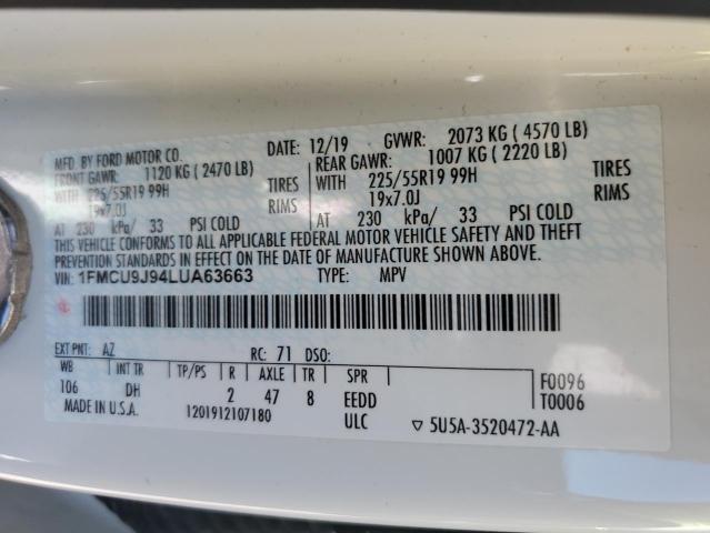 1FMCU9J94LUA63663 - 2020 FORD ESCAPE TITANIUM WHITE photo 12