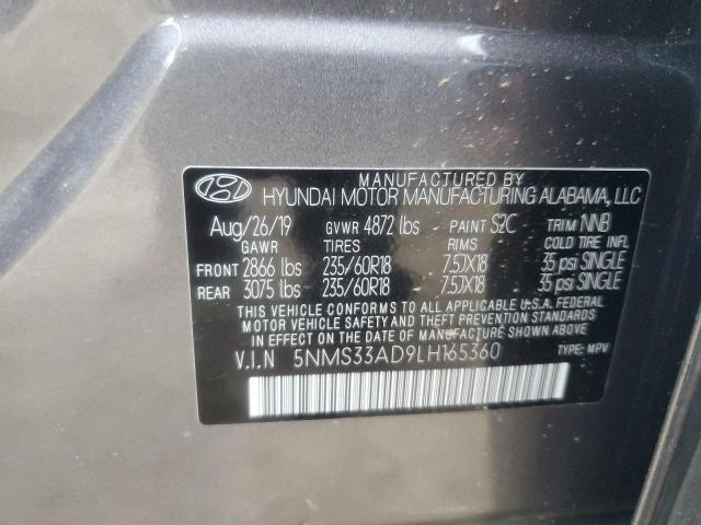 5NMS33AD9LH165360 - 2020 HYUNDAI SANTA FE SEL GRAY photo 13