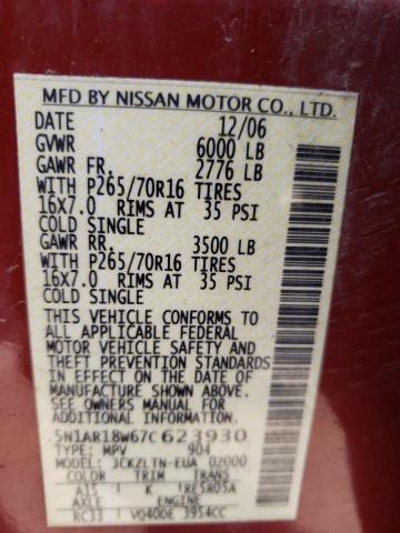 5N1AR18W67C623930 - 2007 NISSAN PATHFINDER LE Բորդո լուսանկար 13