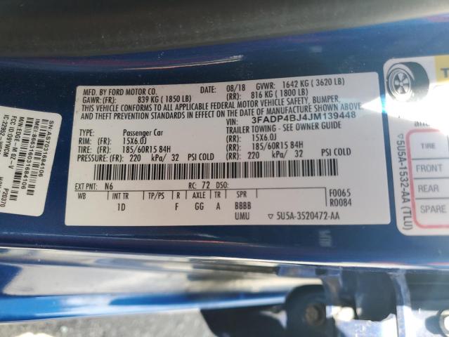 3FADP4BJ4JM139448 - 2018 FORD FIESTA SE BLUE photo 12