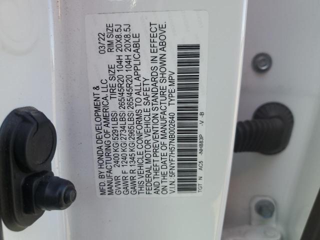 5FNYF7H57NB002640 - 2022 HONDA PASSPORT EXL Ağ foto 12