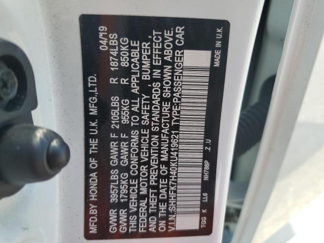 SHHFK7H40KU419621 - 2019 HONDA CIVIC SPORT 白色 照片 12