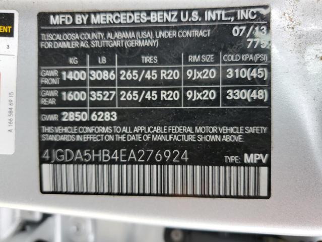 4JGDA5HB4EA276924 - 2014 MERCEDES-BENZ ML 350 4MATIC SILVER photo 13