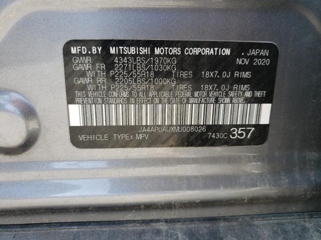 JA4APUAUXMU008026 - 2021 MITSUBISHI OUTLANDER ES GRAY photo 10