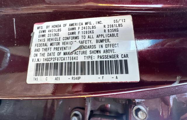 1HGCP2F87CA175640 - 2012 HONDA ACCORD EXL MAROON photo 10