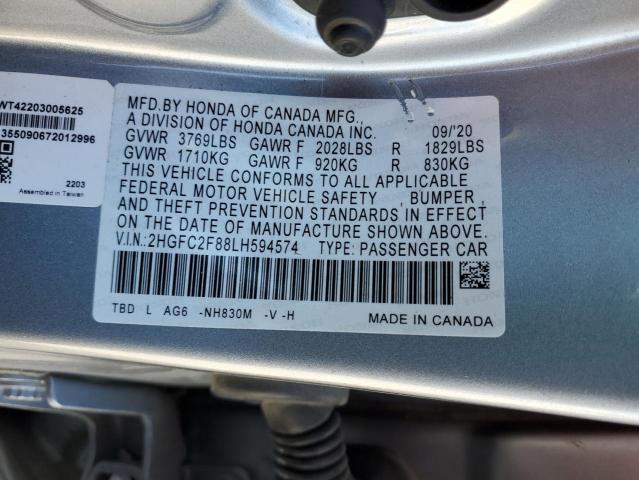 2HGFC2F88LH594574 - 2020 HONDA CIVIC SPORT 银色 照片 12