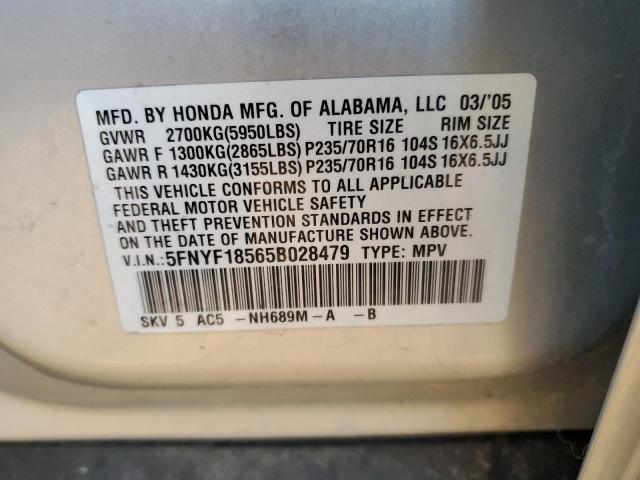 5FNYF18565B028479 - 2005 HONDA PILOT EXL SILVER photo 13