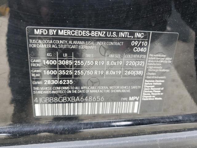 4JGBB8GBXBA648656 - 2011 MERCEDES-BENZ ML 350 4MATIC BLACK photo 12