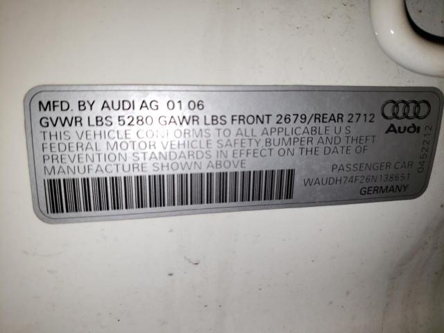 WAUDH74F26N138651 - 2006 AUDI A6 3.2 QUATTRO WHITE photo 12