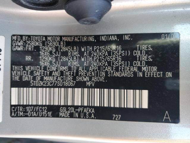 5TDZK23C77S018067 - 2007 TOYOTA SIENNA CE SILVER photo 14