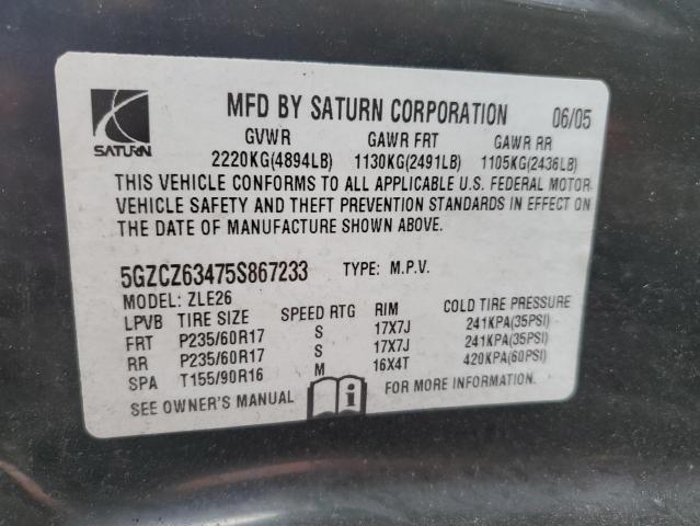 5GZCZ63475S867233 - 2005 SATURN VUE BLACK photo 12