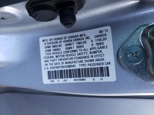 2HGFB2F59CH589943 - 2012 HONDA CIVIC LX SILVER photo 12