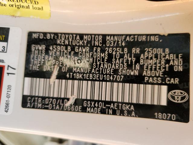 4T1BK1EB3EU104707 - 2014 TOYOTA AVALON BASE 白色 照片 12