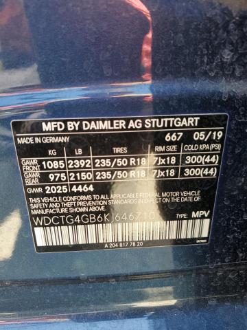 WDCTG4GB6KJ646710 - 2019 MERCEDES-BENZ GLA 250 4MATIC BLUE photo 14