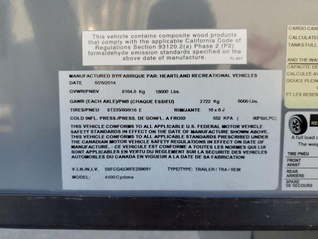 5SFCG4336FE289691 - 2015 HEARTLAND CYCLONE ნაცრისფერი ფოტო 10