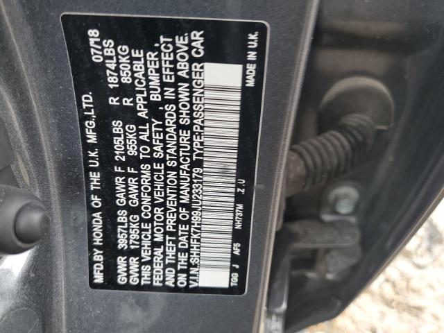 SHHFK7H99JU233179 - 2018 HONDA CIVIC SPORT TOURING GRAY photo 12