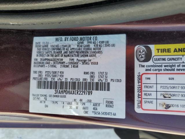 3FAHP0HAXCR229789 - 2012 FORD FUSION SE BURGUNDY photo 12