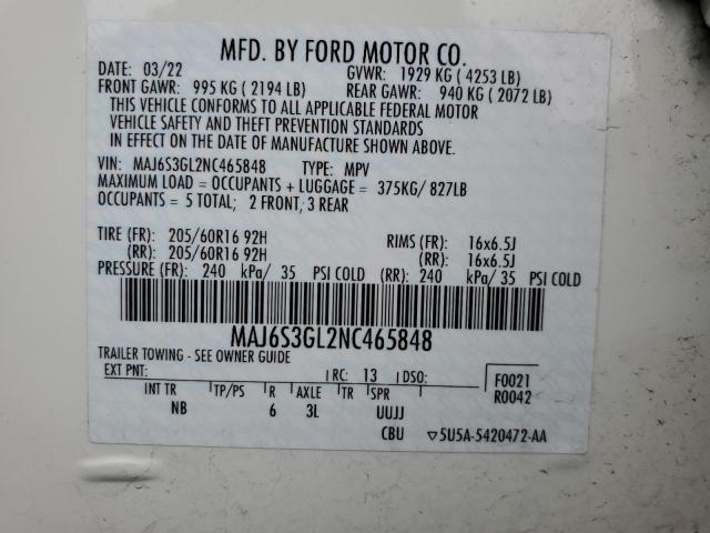 MAJ6S3GL2NC465848 - 2022 FORD ECOSPORT SE WHITE photo 13