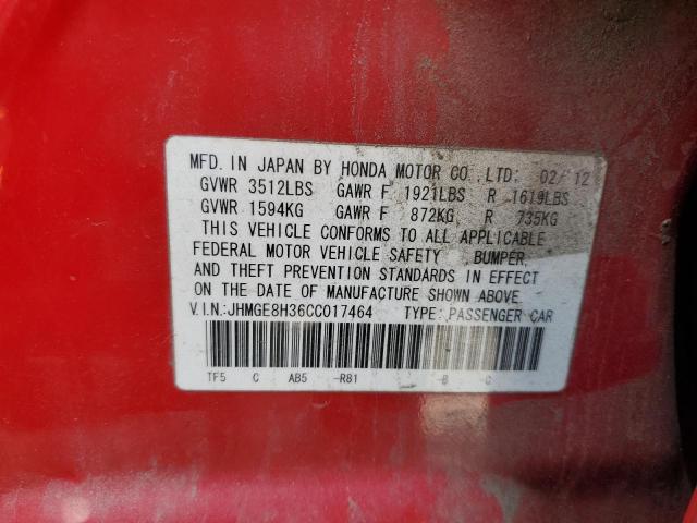 JHMGE8H36CC017464 - 2012 HONDA FIT RED photo 12