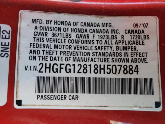 2HGFG12818H507884 - 2008 HONDA CIVIC EX RED photo 13