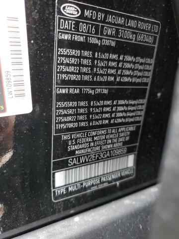 SALWV2EF3GA109859 - 2016 LAND ROVER RANGE ROVE AUTOBIOGRAPHY BLACK photo 13