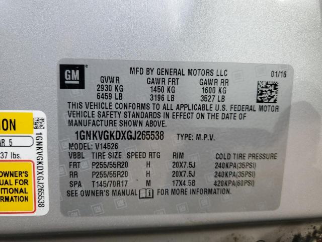 1GNKVGKDXGJ265538 - 2016 CHEVROLET TRAVERSE LT SILVER photo 12