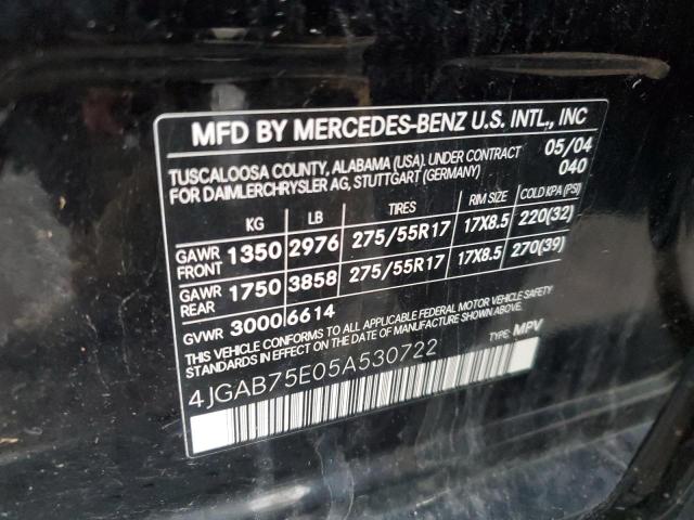 4JGAB75E05A530722 - 2005 MERCEDES-BENZ ML 500 BLACK photo 13