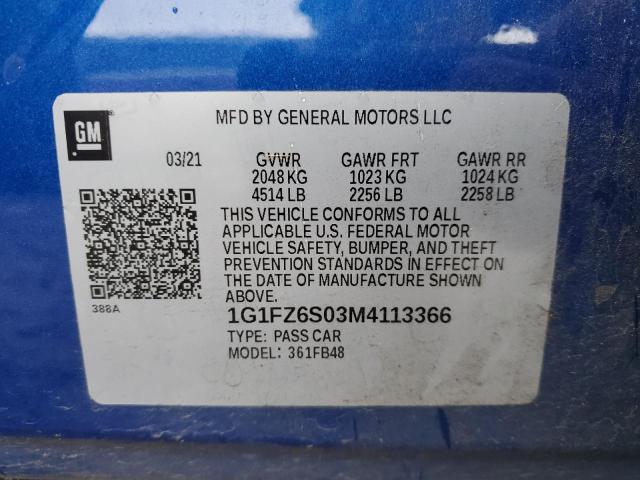 1G1FZ6S03M4113366 - 2021 CHEVROLET BOLT EV PREMIER BLUE photo 12