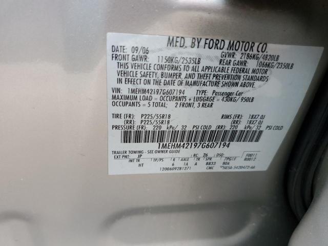 1MEHM42197G607194 - 2007 MERCURY MONTEGO PREMIER 银色 照片 12