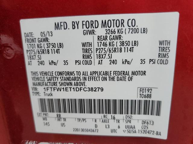 1FTFW1ET1DFC38279 - 2013 FORD F150 SUPERCREW RED photo 13