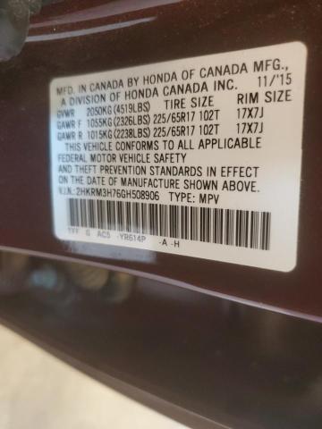 2HKRM3H76GH508906 - 2016 HONDA CR-V EXL BURGUNDY photo 12