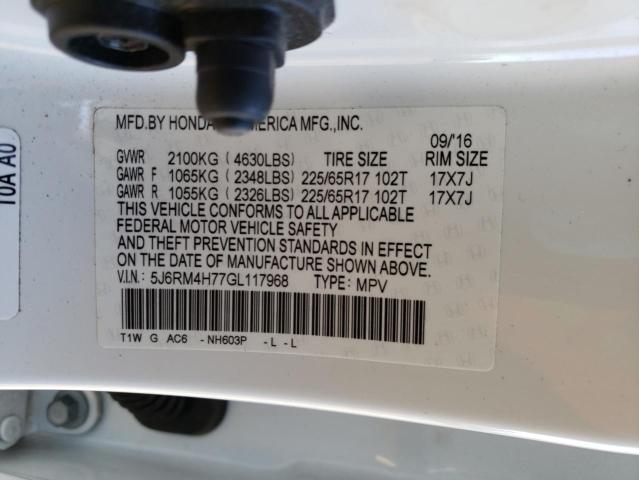 5J6RM4H77GL117968 - 2016 HONDA CR-V EXL WHITE photo 13