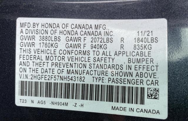 2HGFE2F57NH543182 - 2022 HONDA CIVIC SPORT 灰色 照片 10