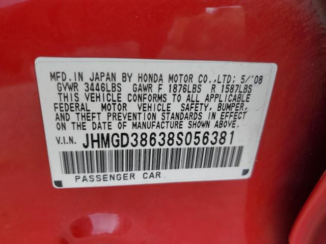 JHMGD38638S056381 - 2008 HONDA FIT SPORT RED photo 12